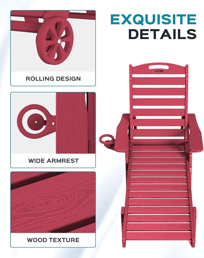 Ciokea Lounge Chair Outdoor, Oversized Chaise Lounge Chair with 5 Positions, HDPE, Patio Lounge Chair with Wheels & Cup Holder for Pool, Deck, Poolside, Red