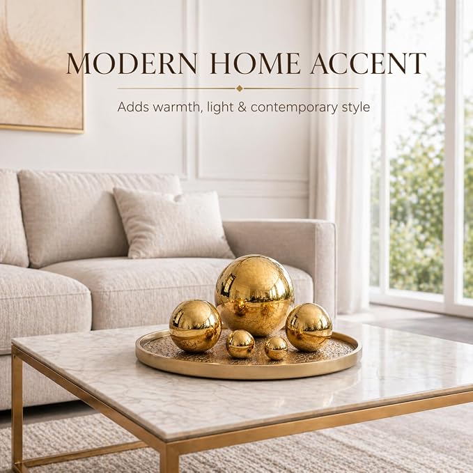 Nerien Gazing Ball, Stainless Steel Garden Mirror Globe, Polished Ornament Sphere, Hollow Floating Reflective Hemisphere, for Home Outdoor Pond Housewarming Swimming Pool Decoration, Gold, 5Pcs Mix