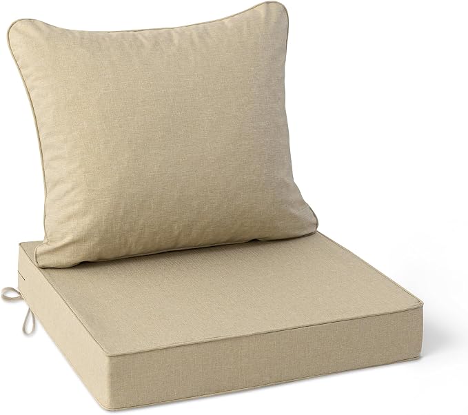 Summsun Outdoor Chair Cushions 22 x 22 Inch, Faux Linen Patio Furniture Cushions, Water Resistant Backrest and Deep Seat Cushion Set with Straps, Removable Cover, Non-Slip Bottom, Nature