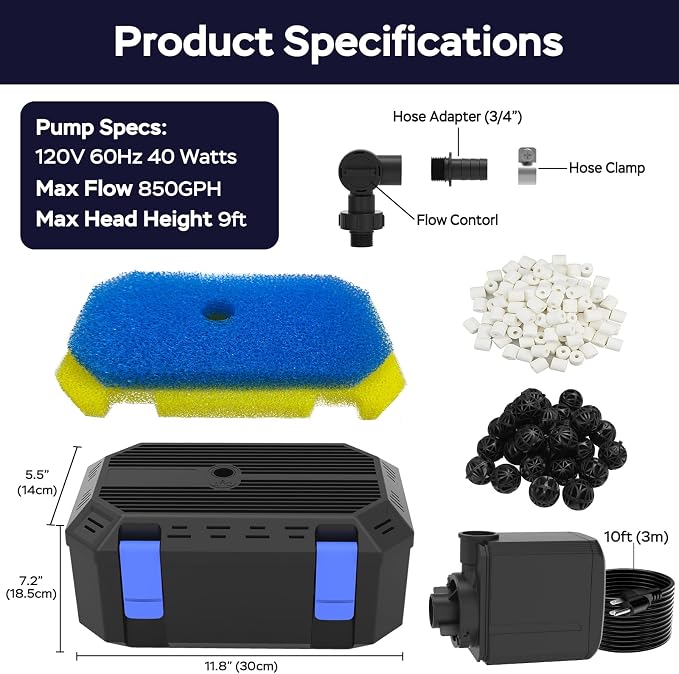 Pond Filter Pump with 4-Stage Filtration System | 40W 850GPH Submersible Pond Pump | Pond Filter Box for 500-750 Gal Outdoor Koi Fish Pond, Garden, Fountain, Waterfall & Water Feature