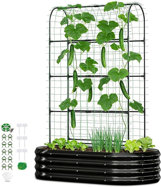 2 in 1 Galvanized Raised Garden Bed with 71" H Arch Trellis for Climbing Plants, Outdoor Gardening Planter Box with Climbing Net for Flowers Vegetables Fruits Herbs, Black