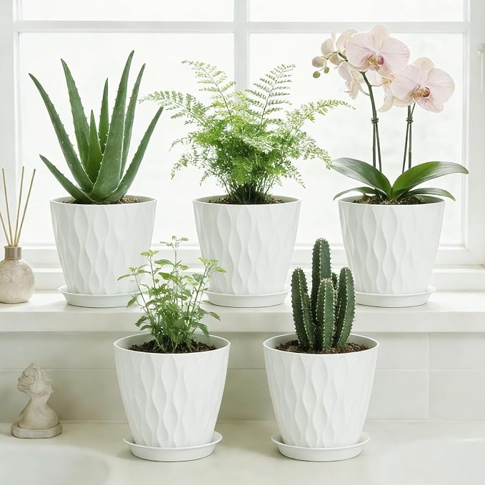 8 Inch Plastic Plant Pots,Set of 5 Flower Pots,Planters with Drainage Holes & Saucers, Indoor Outdoor Garden Pots for Home Decor(White)