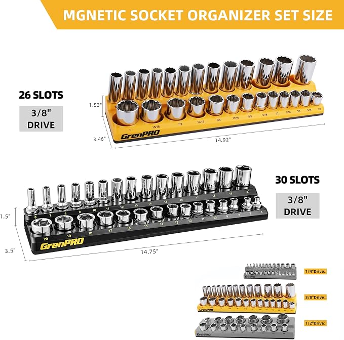 Socket Organizer, GRENPRO Socket Holder Set, 2 Piece SAE & Metric Socket Trays Includes 3/8" Drive Holds 52 Sockets
