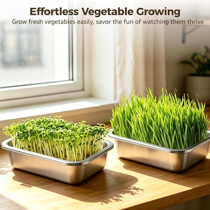 6Pack Microgreens Growing Kit,Stainless Steel Growing Trays Set with 2 x Fine Mesh, 2 x Drain Basin, and 2 x Tray, 10.4 x 7.7 in Sprouting Jar Greens Growing kits for Sprouts, Cat Grass, Wheatgrass