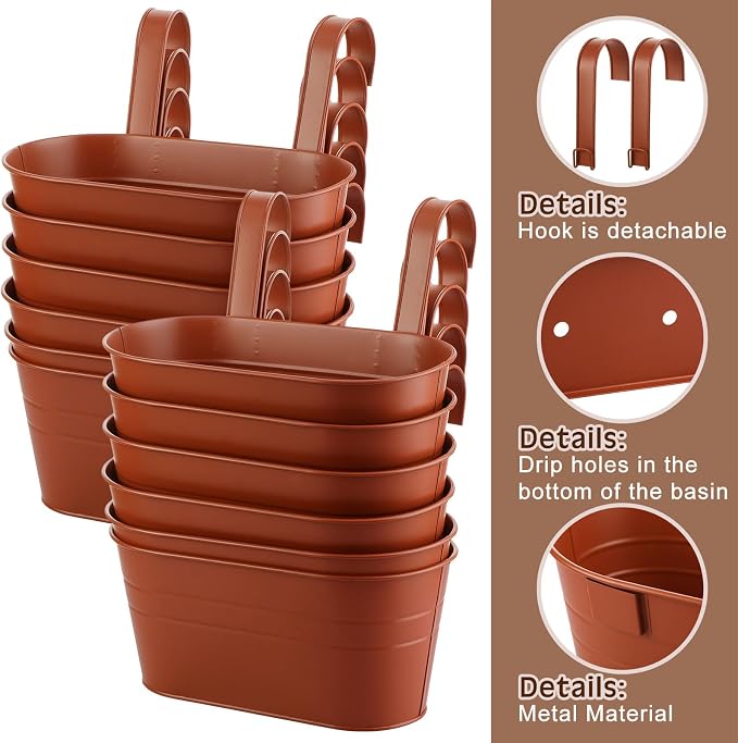 Hicarer Metal Hanging Flower Pots for Railing Fence, Large Hanging Rail Planters for Outdoor Window Balcony Plants Holder with Hooks for Garden Yard Home Decor(Brown,12 Pcs)