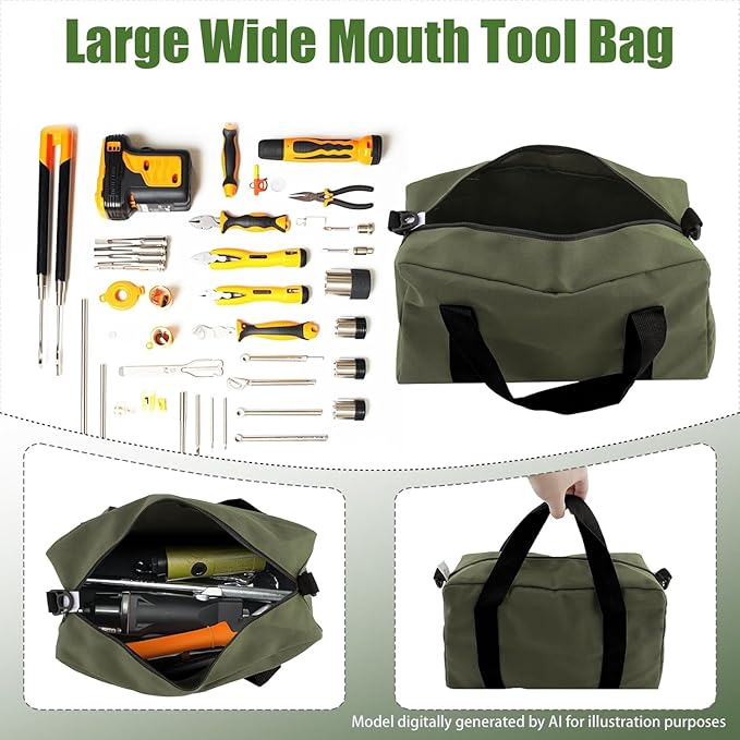 Small Tool Bag,Close Top Wide Mouth Tool Organizer Bag,Large Capacity Tool Bags for Men,Canvas Tool Storage Bag for Storage Handbag for Screwdrivers,Wrench,Pliers Hand Tools (Army Green, 20 Inch)