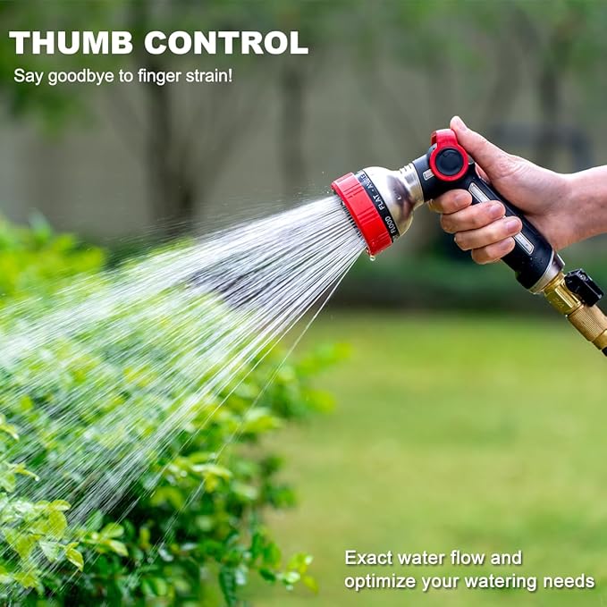 FANHAO Heavy Duty Garden Hose Nozzle with Thumb Control, 100% Metal Water Hose Sprayer with 9 Spray Patterns, On Off Valve, High Pressure Water Nozzle for Lawn/Garden Watering, Car & Pets Washing
