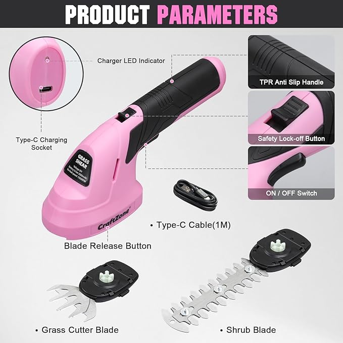 2-in-1 Cordless Grass Shear and Hedge Trimmer - Pink, 8V Handheld Electric Shrub Trimmer/Grass Cutter with Rechargeable Lithium-Ion Battery and Type-C Charging Cable