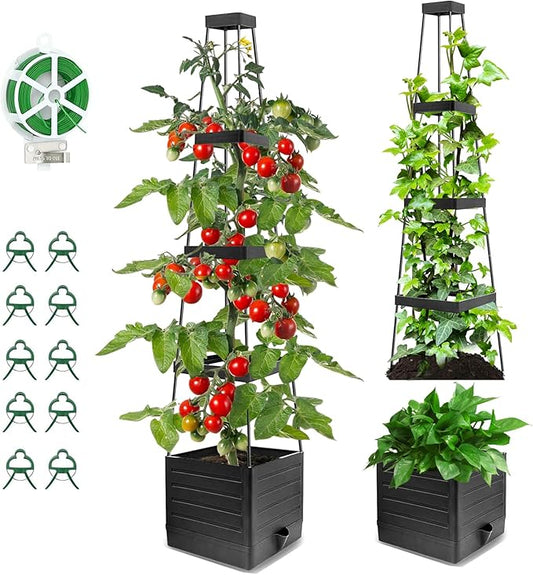 2 Pack Tomato Planter with Trellis 57 Inch, Raised Garden Bed Planter Boxes Self-Watering for Climbing Vegetable, Plants and Tomato Cages for Indoor Outdoor