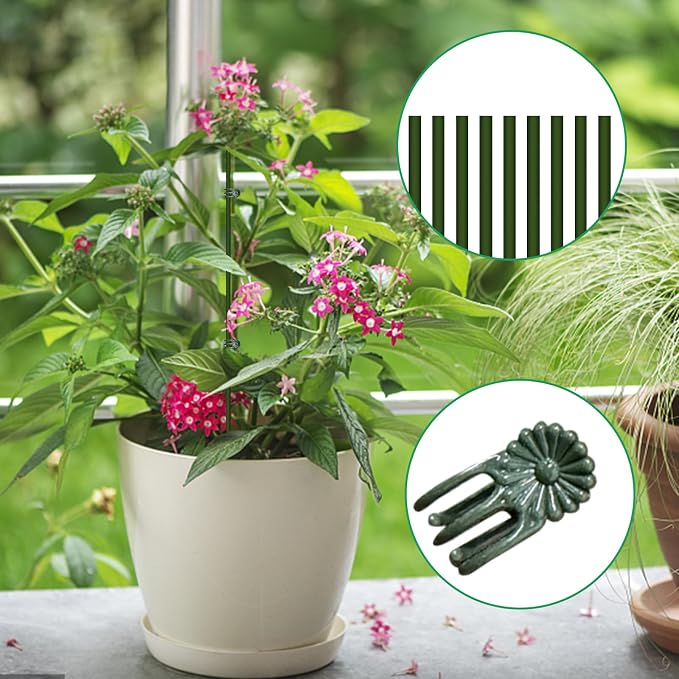 10pcs Green Plant Support Stakes with 15pcs Clips, Bendable Stakes for Tall Plants, Indoor & Outdoor Use
