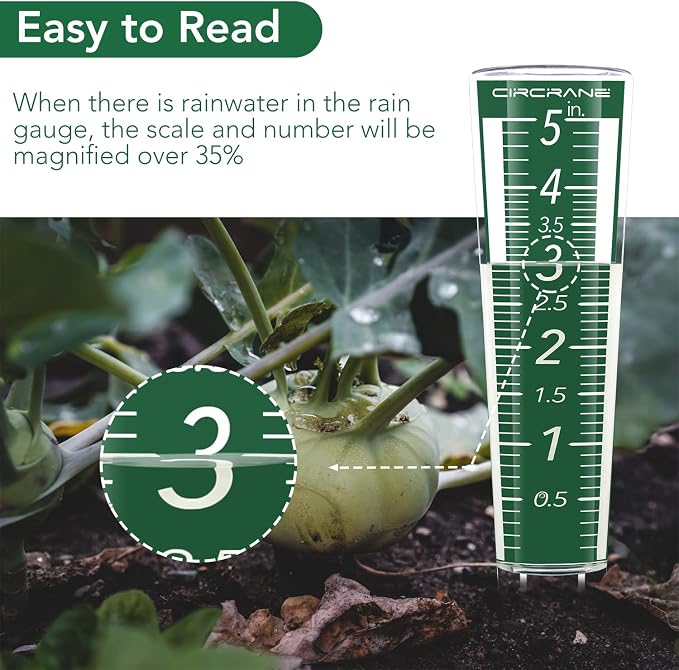Circrane 5-Inch Capacity Outdoor Rain Gauge with Additional Hang Bracket& Stainless Steel Screws, Magnifying Scale and Numbers Design for Easy Read (Green)