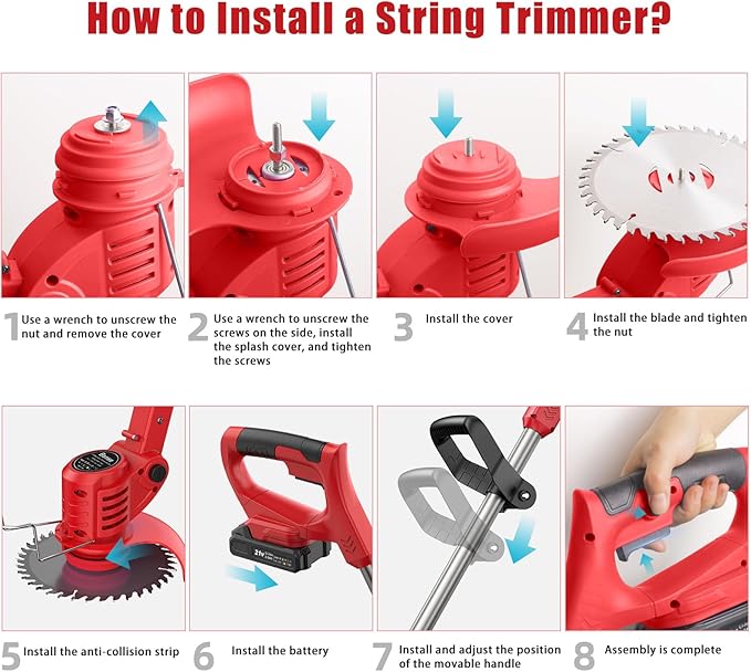 Weed Wacker 21V, Bamse Cordless String Trimmer with 2 Batteries 2.0Ah, 2 Types Metal Blades Powered Weed Eater, Pruning Shears, Adjustable Pole GrassTrimmer for Garden and Yard Lawn, Red