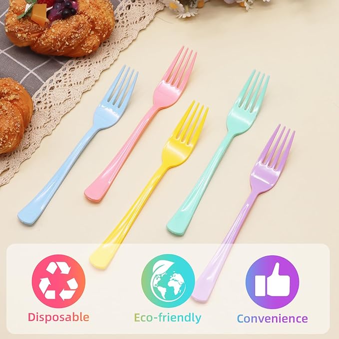 50 Pcs Pastel Plastic Forks, Pastel Plastic Silverware, Heavy Duty Plastic Cutlery Set Disposable Utensils Sets for Brithday, Wedding, Tea Party, Garden Party