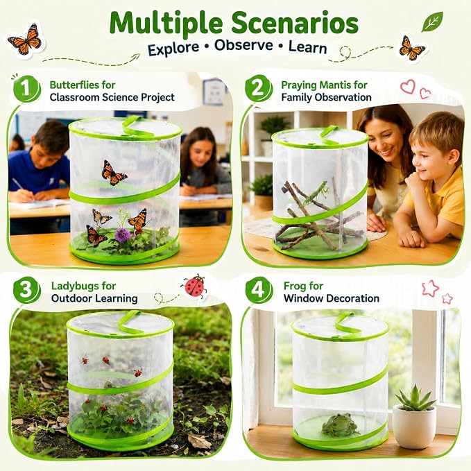 Butterfly Habitat Mesh Cage，12" x 14" Pop-up Breathable Insect Bug Net Butterflies Cage Tall (Green)