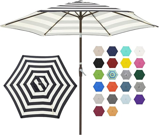JEAREY 7.5FT Patio Umbrella Outdoor Market Umbrella with 6 Sturdy Ribs, Push Button Tilt/Crank Table Umbrella for Garden, Deck, Backyard and Pool, Beige & Black Stripe