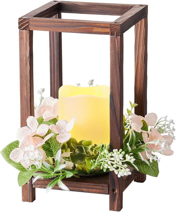 VEVOR 10 Set/30 Pcs Wooden Wedding Lantern Centerpiece, Includes 10 Wooden Lantern Candle Holder 10 Flameless LED Candle 10 Champagne Flower Wreath for Wedding Table Party Farmhouse Decor, Brown