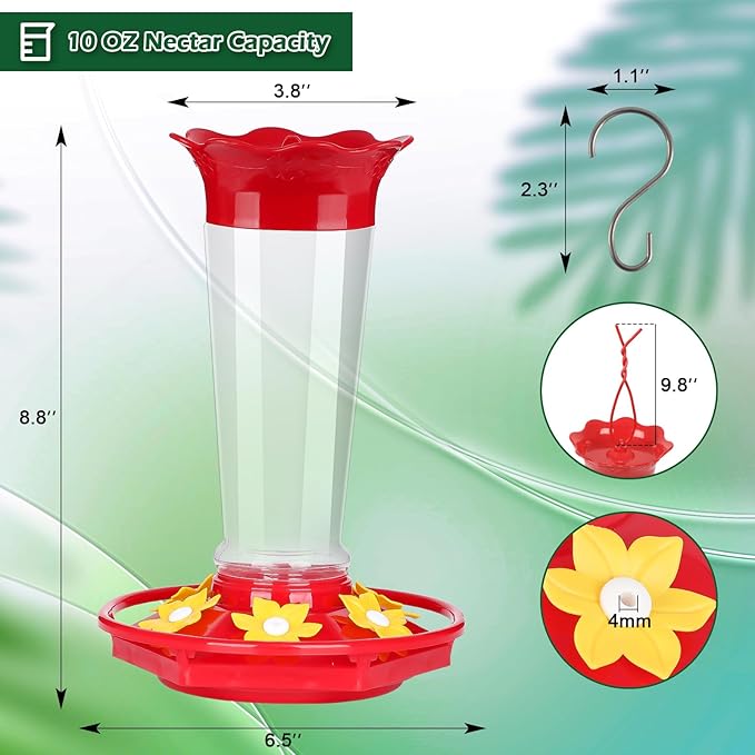FEED GARDEN 10oz Plastic Hummingbird Feeders for Outdoors - 1 Pack, Ant & Bee Proof, 6 Feeding Ports, Easy Clean Red Nectar Feeders for Outside Hanging, Gifts for Mom