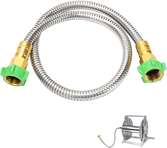 3FT Short Garden Hose Female to Female – Stainless Steel Leader Hose for Hose Reel, Kink-Free Flexible Metal Water Hose, Leakproof Durable Designy for Outdoor Garden, Pet Washing, Car