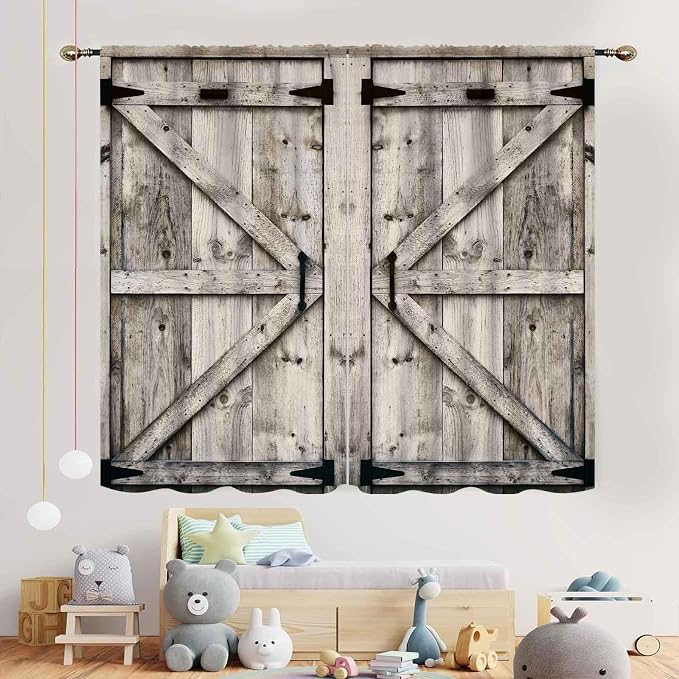 Barn Door Curtains, Farmhouse Rustic Gray Barn Door Country Cottage Western Barnwood Garage Blackout Window Treatments for Kitchen Living Room Bedroom Cafe, 42"x54" Inch