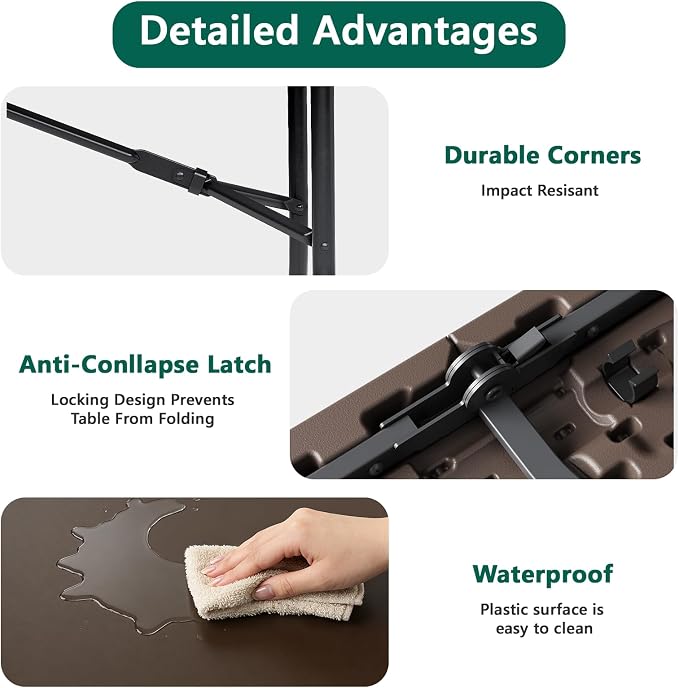 Folding Table 5ft - Heavy Duty Fold-in-Half Plastic Table, Portable Utility Tables with Steel Legs for Indoor, Outdoor, Picnic, Camping, Dining, Party (Brown)