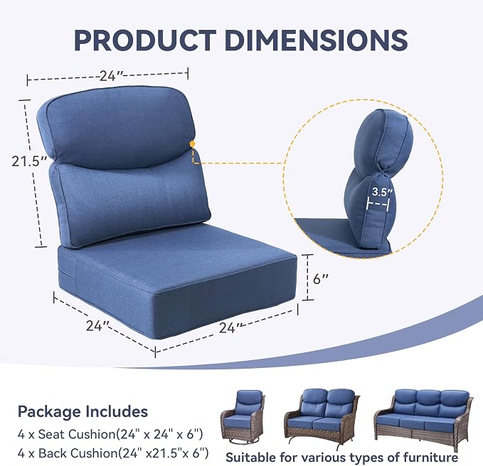 Outdoor Cushion Set for Patio Furniture, UV Resistant, Water Resistant - 6 Inch Thick Dual Layer Back Support Cushions– 24x24 Inch Patio Seat Covers for Chair/Sofa/Couch | Blue | 4-Pack |