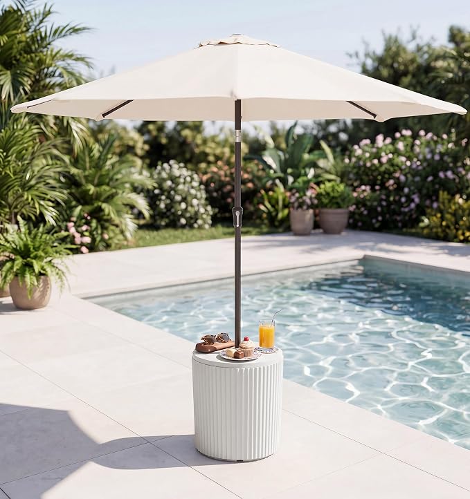 SERWALL Outdoor Round Umbrella Side Table, 3-in-1 Ice Bucket & Side Table & Storage Box, Multi-Functional Use for Porch/Patio/Poolside, Beige