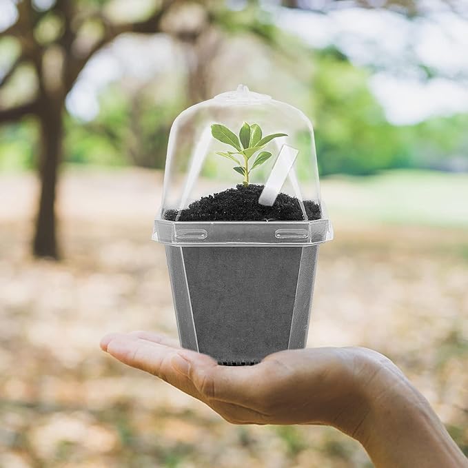 EBaokuup 50 Pcs Clear Plant Nursery Pots with Humidity Dome-4" Reusable Plastic Gardening Pot with Labels-Small Seed Starting Pots for Seedlings,Vegetables,Succulents,Cuttings