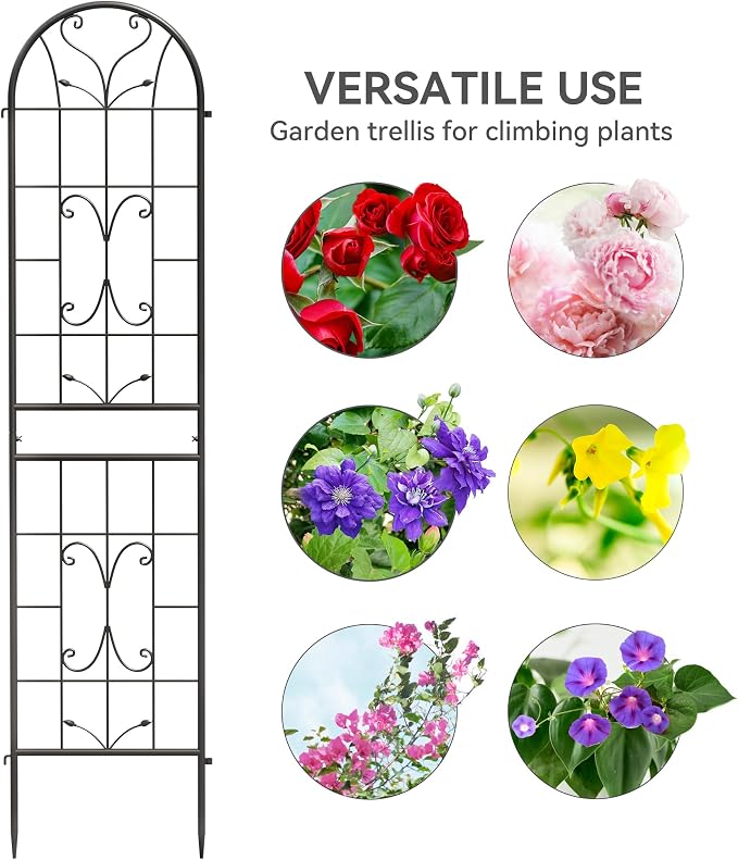 4 Pack 87x20in Garden Trellises, Ornate Scrollwork Black Metal Coated Rustproof Trellis for Climbing Plants Outdoor, Roses, Vegetables, Vines, Cucumbers