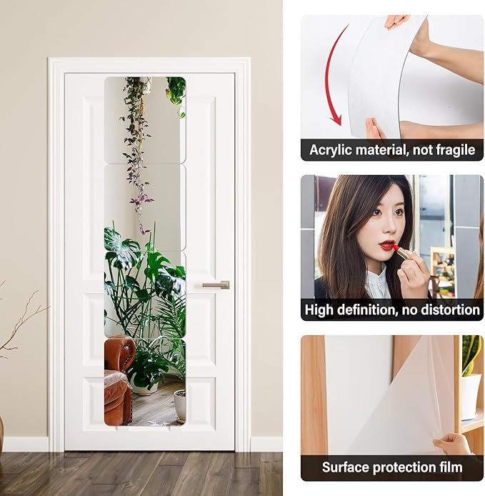 Fantasyon 4 Pieces Flexible Mirror Sheets, 2mm Thickness Decorative Self Adhesive Plastic Mirror Tiles Non Glass Mirror Stickers for School Educational and Home Wall Decor (11.8 × 13.8 Inches)