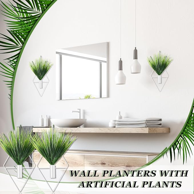 Canlierr 2 Pieces White Wall Decor Hanging Planters with Artificial Plants Metal Hanging Vase Indoor Plants Holder Modern Geometric Wall Art for Bathroom Bedroom Living Room Decor(Aquatic Plant)