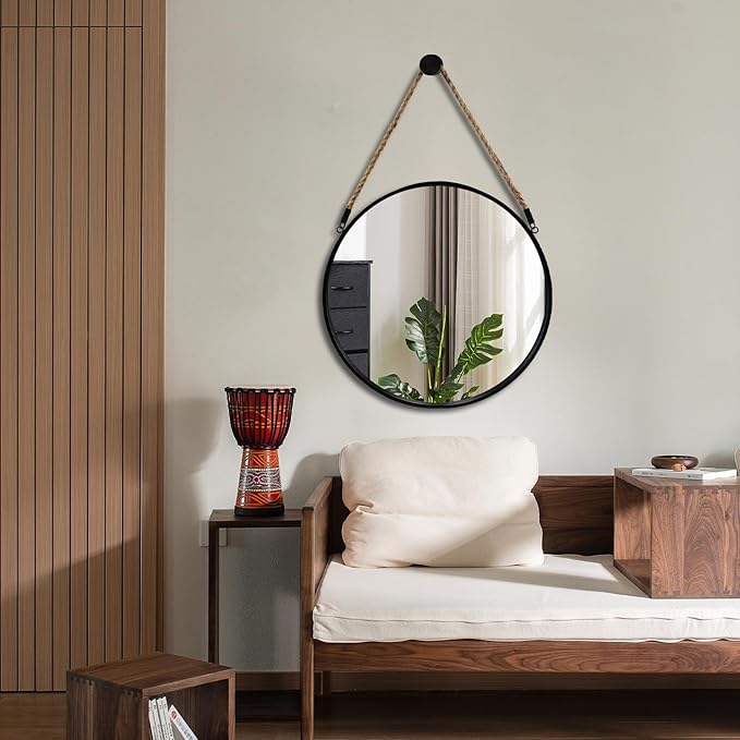 POZINO Round Hanging Mirror with Rope, 20" Farmhouse Decorative Mirror with Black Metal Frame, Circle Wall Mirror for Bathroom, Bedroom, Living Room, Entryway, Fireplace
