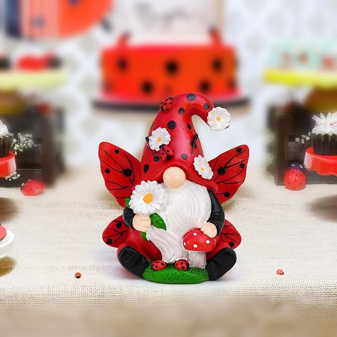 Ladybug Gnome Garden Decor, Fairy Garden Gnome Figurine with Flowers, Spring Summer Outdoor Decorations for Yard Lawn Patio, Ladybug Gifts for Women