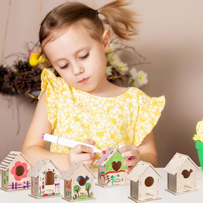 Outus 24 Pcs Wooden DIY Birdhouse Kits for Kids to Build, 4 Shapes Birdhouse Kit Wooden Unfinished with Butterfly Sticker for Boy Girl Arts Crafts(Lovely)