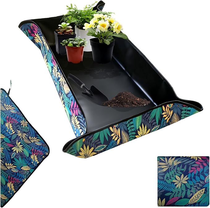 Plant Transplanting Mat - Thickened Waterproof Potting Mat, Succulent Gardening Mat, Portable Repotting Mat for Mess Control, Indoor Outdoor Use, PVC Black Leaf Print, 43.5"x29.5"