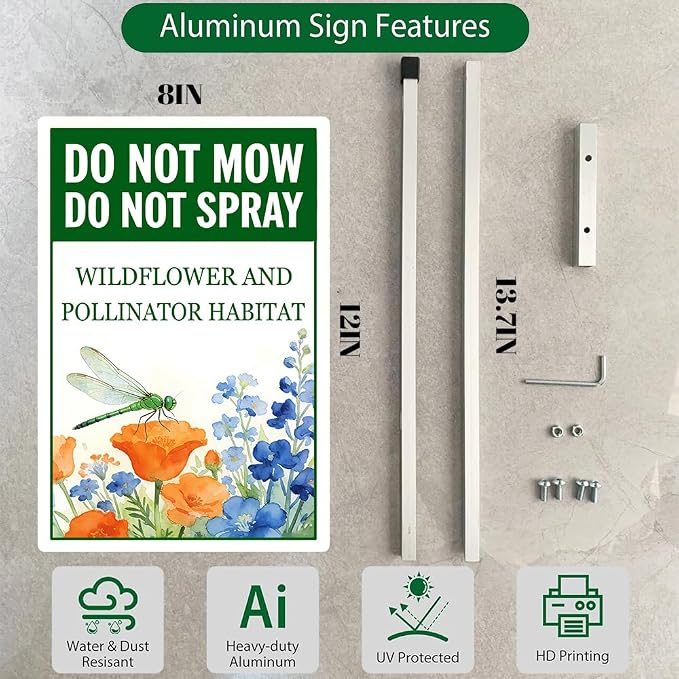 Do Not Mow Do Not Spray Wildflower and Pollinator Habitat Yard Sign With Stakes Rustproof Reflective Aluminum Pollinator Friendly Dragonfly Garden Sign Stand Outdoor 8X12 IN
