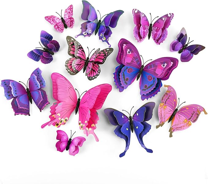 SAOROPEB 3D Butterfly Wall Decor, 24 Pcs Double Layer Butterfly Decorations for Party Decorations Locker Decor Refrigerator Decal, Reusable (Purple)