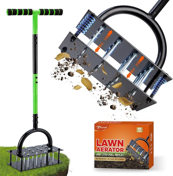 Bluesea Lawn Aerator Tool - 16 Iron Spikes with Ergonomic T-Handle, Automatic Dirt Clean for Soil Loosening & Yard Aeration, Manual Metal Grass Aerator (Green)