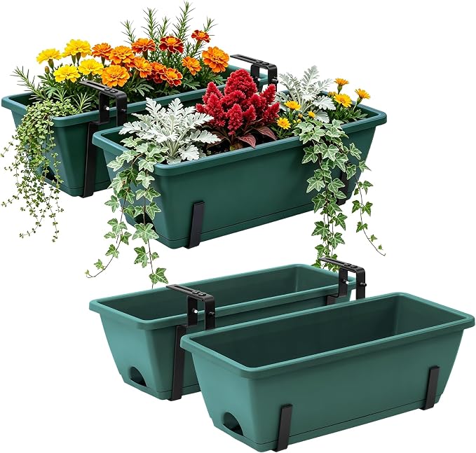 Sunexinlo 4-Pack Railing Planter Boxes with Double-Sided Adjustable Brackets, Plastic Rectangular Flower Boxes with Drainage Holes and Trays for Outdoor Balcony, Deck, Patio, Porch, Fence, Green