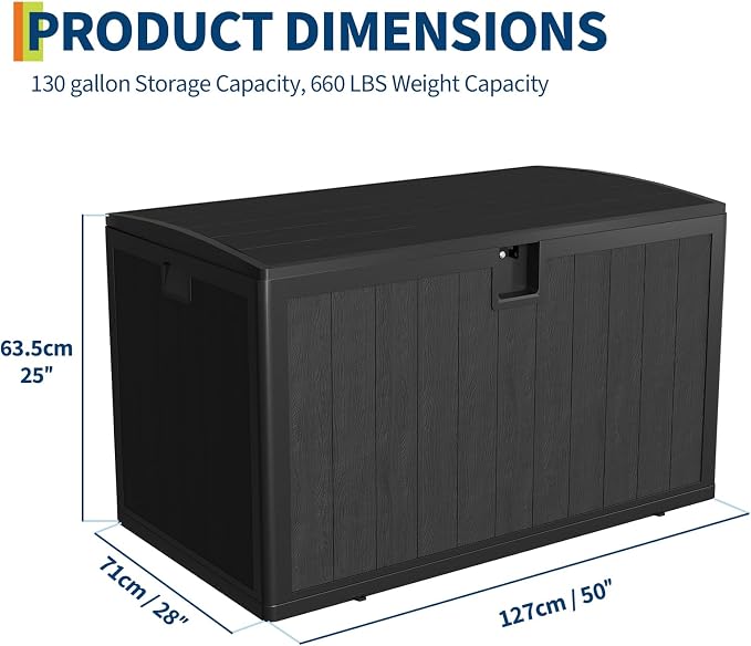 IDEALHOUSE 130 Gallon Resin Deck Box, Waterproof Outdoor Storage Box with Lockable Lid & UV Resistant, Patio Furniture Cushion Storage Container for Garden, Backyard, Poolside (Black)