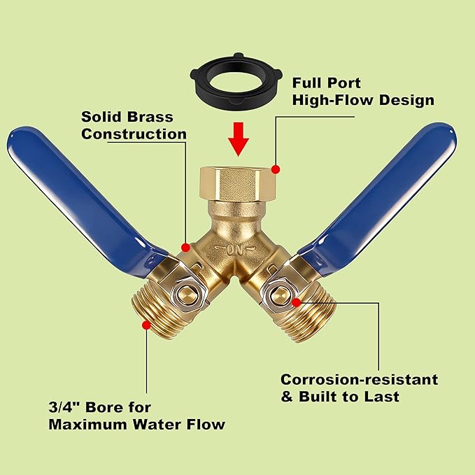 Triumpeek 2-Way Garden Hose Splitter, Solid Brass Y Connector with 3.6-Inch Ergonomic Handles, Full Flow 3/4" GHT Thread for Outdoor Faucet, Sprinkler & Irrigation