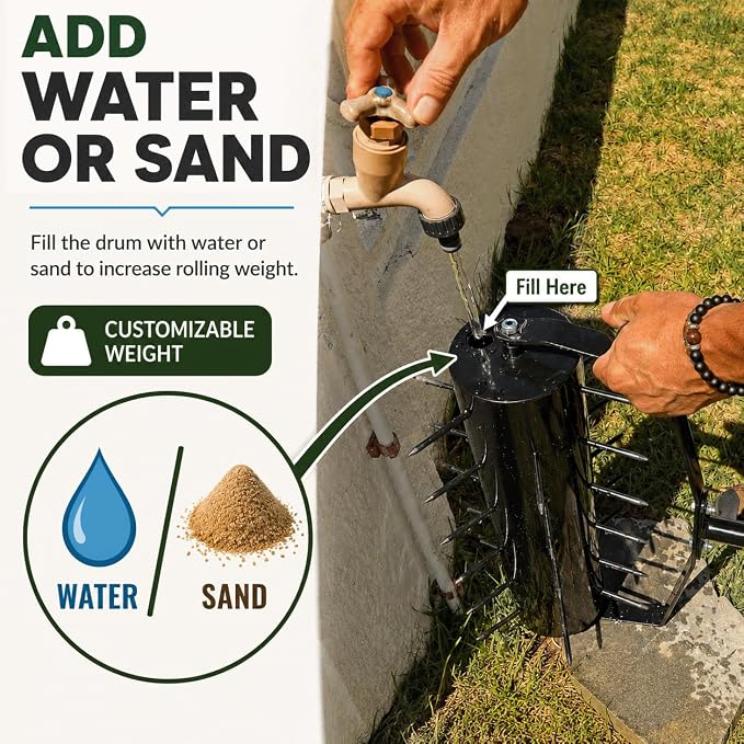 Manual Roller Lawn Aerator with Pre-Attached Spikes, Easy-to-Assemble | Designed For Seasonal Lawn Care, Heavy-Duty Roller with Adjustable Weight, Pre-Attached Spikes, and Easy Assembly