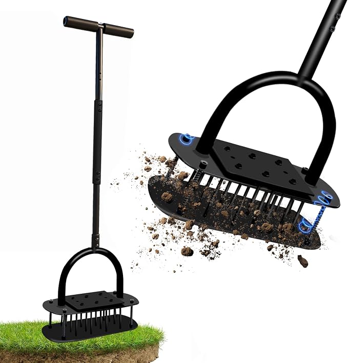 Aerator Lawn Tool, Manual Soil Aerating Lawn with 16 Iron Spikes, Lawn Aerators with Spring Automatic Dirt Clean & 3-Layer Anti-Loosening Design, Pre-Assembled Yard Grass Aerator for Lawn, Garden Tool