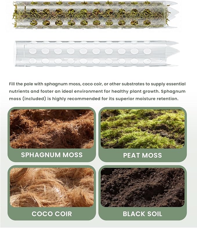 Plastic Moss Pole Kit for Climbing Plants,4Pack 12Inch Stackable Refillable Plant Support with Large Mesh Design,Sphagnum Moss Pole for Monstera Indoor Plants,Complete Set with Garden Ties