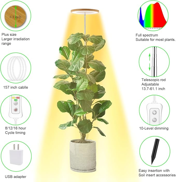 yadoker Plant Grow Light, LED Growing Light Full Spectrum for Indoor Plants,Height Adjustable, Automatic Timer, 5V Low Safe Voltage,Idea for Large Plant Light