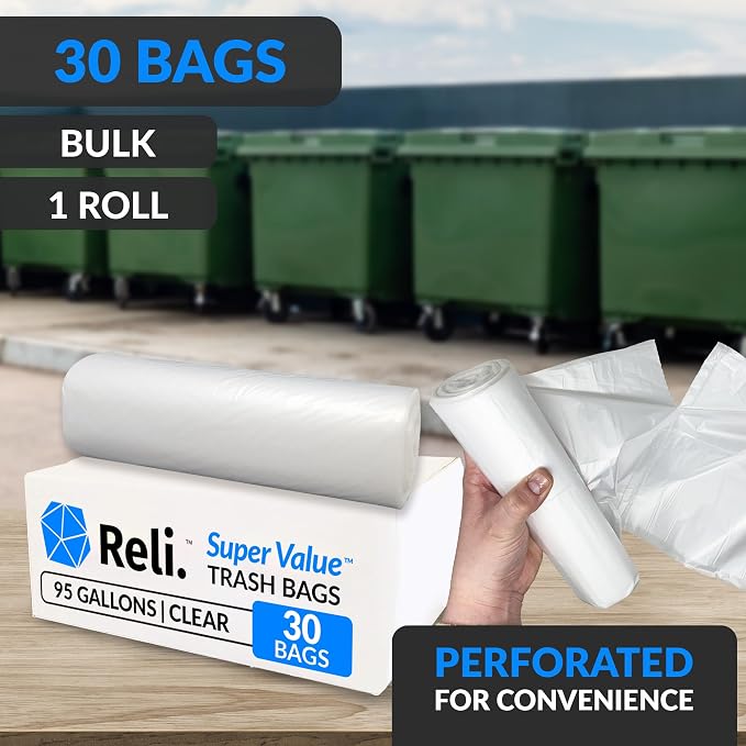 Reli. 95 Gallon Trash Bags Heavy Duty | 30 Trash Bags with Ties | Super Sizeable, Clear, Serious Garbage Cleanup