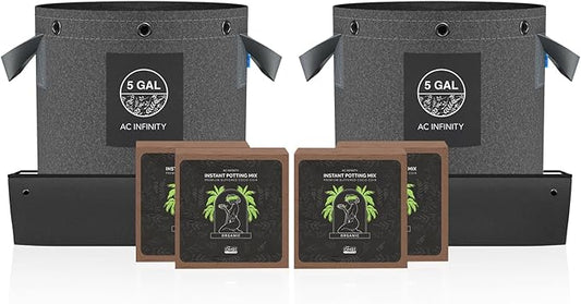 AC Infinity Instant Potting Mix Kit, 2-Plant Starter Set with Premium Buffered Coco Coir Bricks, 5-Gallon Fabric Pots, and Waterproof Multipurpose Trays, Grow Accessory Kit for Seed Germination