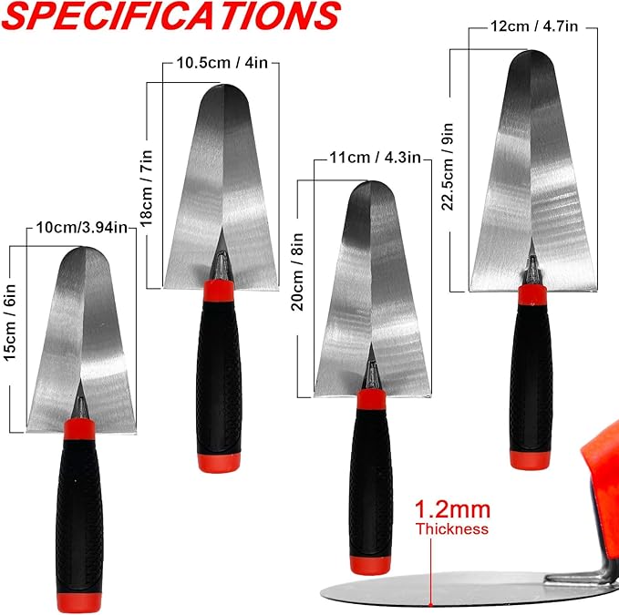 4 Pack Margin Trowel Set, 6” 7” 8” & 9” Carbon Steel Arc Edging Building Bricklaying Trowel, Masonry Trowel Hand Tool Kit for Brickwork, Concrete, Cement, Plaster, Tile Construction Projects