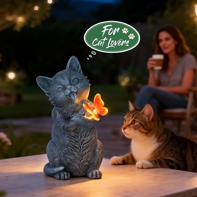 Solar Cat Garden Statue Outdoor Decor 10 Inch with LED Butterfly Light, Resin Cat Decor for Yard Patio Porch Lawn Balcony, Solar Garden Decor, Gifts for Mom Grandma Women