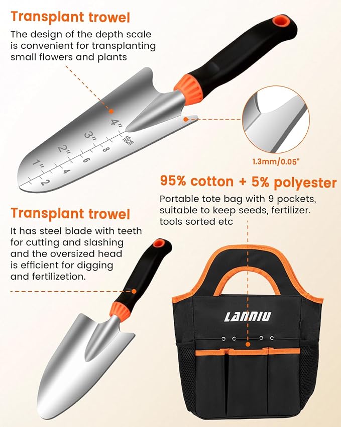 7-Piece Gardening Tools Set, Heavy Duty Stainless Steel Hand Tools with Blakc Tote Bag - Ergonomic Non-Slip Grip for Planting, Weeding & Digging