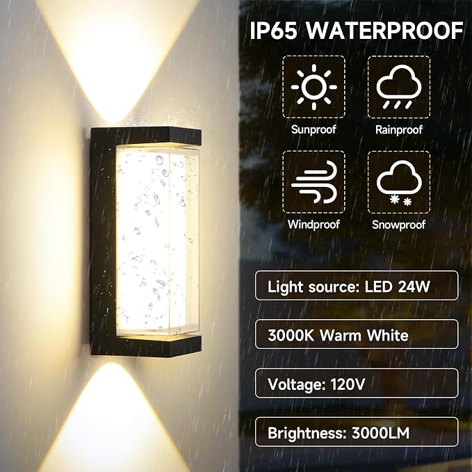 Modern Outdoor Wall Lights 24W LED Exterior Wall Sconces Light Fixtures, Black Aluminum Wall Mount, 3000LM 3000K Porch Lights with Double Lampshades, IP65 Waterproof for Garage Patio Entryway